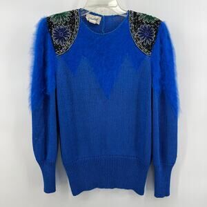 Vintage Retro 80s Elizabeth New York Blue Fur Flower Beaded Sweater Medium